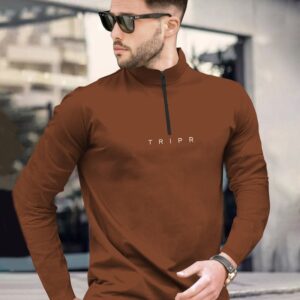 Men BROWN ZIPPER NECK Full Sleeve T-Shirt